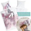 Produktbild: Carpe Sonno Kinderbettwäsche 135 x 200 Mädchen Einhorn Kinder Bettwäsche Pferd Lila Rosa Baumwolle, Renforcé, 2 teilig, OEKO-TEX Bettbezug 135x200 mit Reißverschluss - Unicorn
