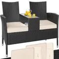 Produktbild: Casaria® Gartenbank Sitzbank inkl. Auflagen Wetterfest Polyrattan 320kg Belastbar Tisch Ablage UV-beständig Garten Balkon Bank 2-Sitzer 143x55cm Schwarz