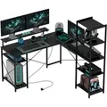 Produktbild: Schreibtisch Gaming Tisch L Form Mit Regal, Computertisch Mit Monitorständer, Steckdose, Usb-ladeanschluss Eckschreibtisch Für Heimbüro, Schlafzimmer, 137 X 140 X 139,5 Cm Schwarz - Homcom
