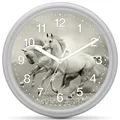 Produktbild: Eurotime Quarzwanduhr, 25 cm, Kunststoffgehäuse Silber, Kunststoffglas, klares 12-Zahlen Zifferblatt mit Pferdemotiv, geräuscharmes Uhrwerk, kein Ticken, Wanduhr für Kinderzimmer, 82217-07