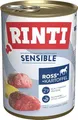 Produktbild: RINTI - Sensible | Nassfutter für Sensible, ausgewachsene Hunde mit natürlichen Fleischstücken. Getreidefreies Alleinfutter in der Dose ohne Zusatzstoffe | 6x400g Ross, Hühnerleber + Kartoffel