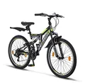 Produktbild: Chillaxx Bike Falcon Premium Mountainbike in 24 und 26 Zoll - Fahrrad für Jungen, Mädchen, Damen und Herren V-Bremse- 21 Gang-Schaltung - Vollfederung (24 Zoll, Schwarz-Lime V-Bremse)