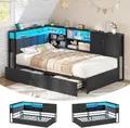 Produktbild: AODEMOKO Polsterbett, Jugendbett mit LED-Beleuchtung & USB-Ladestation, Tagesbett mit Lattenrost aus Metall und 2 Schubladen, Ohne Matratze, 90x190cm