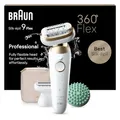 Produktbild: Braun Silk-épil 9 Flex, Epilierer mit flexiblem 360Kopf, Wet&Dry, langanhaltende Haarentfernung, mit Rasieraufsatz, Ladyshaver, Trimmeraufsatz und Massageaufsatz, Made in Germany, 9-071 3D, Weiß/Gold