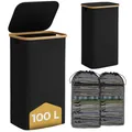 Produktbild: Bellamio Tolt Wäschekorb 2 Fächer schwarz – Wäschesammler 100 L mit Deckel – Wäschesammelbox aus Oxford-Gewebe mit Bambusring – Schmutzwäschebehälter mit herausnehmbarem Wäschesack – Wäschetonne hoch