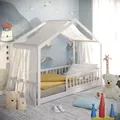Produktbild: CADANI Malte Hausbett 90x200 cm Bodenbett, Rausfallschutz abnehmbar, bis 200 kg belastbar, Montessori Kinderbett weiß, Kiefer Massivholz