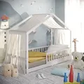 Produktbild: CADANI Malte Hausbett 90x200 cm Bodenbett, Rausfallschutz abnehmbar, bis 200 kg belastbar, Montessori Kinderbett weiß, Kiefer Massivholz - Weiß