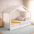 Produktbild: CADANI Malte Kinderbett 90x200 cm – Hausbett mit abnehmbarem Rausfallschutz, bis 200 kg belastbar, Roll-Lattenrost, Montessori Bodenbett aus Massivholz Kiefer, Weiß