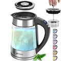 Produktbild: Edelstahl Glas Wasserkocher mit Temperaturwahl 2 Deckeln mit Teesieb und LED