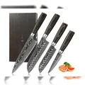 Produktbild: Wakoli EDIB Essentials 4er Damastmesser-Set - 20cm, 18cm, 12cm & 10cm Klingen aus 67 Lagen Damaststahl, Chef-, Santoku-, Kleines Santoku- und Officeme