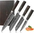 Produktbild: Wakoli EDIB Essentials 4er Damastmesser-Set - 20cm, 18cm, 12cm & 10cm Klingen aus 67 Lagen Damaststahl, Chef-, Santoku-, Kleines Santoku- und Officemesser, Inklusive Fingerschutz & Holzbox