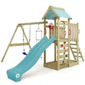 Produktbild: WICKEY Spielturm Klettergerüst MultiFlyer mit Schaukel & pastellblauer Rutsche, Outdoor Kinder Kletterturm mit Sandkasten, Leiter & Spiel-Zubehör für den Garten