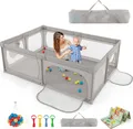 Produktbild: COSTWAY Baby-Laufstall, Spielgitter für Kleinkinder mit Spielmatte, Seitentasche & 50 Spielbällen, 206×147×68,5 cm Hellgrau