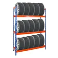 Produktbild: PROREGAL Reifenregal Tiger XL | HxBxT 200x150x45 cm | 300kg Fachlast | bis zu 18 Reifen (205/55 R16) | Blau/Orange | Werkstattregal, Lagerregal, Kellerregal