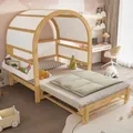 Produktbild: okwish Gewölbtes Dachbett 140x200 Kinderbett Jugendbett mit Schiebebett-Funktion und Holzhaus-Design,Bettgestell mit Ablagefläche und Lattenrosten,Weiß+Natur(ohne Matratze)