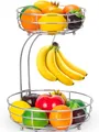 Produktbild: Bomclap Obstkorb mit Bananenhalter - 2 Stöckig Obstschale aus Metall - Küche Stehend Moderne Obstschalen - Dekorativer Gemüsekorb Obstschale - Silber