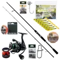 Produktbild: Zite Fishing Inzite Base Stick Barsch-Set | 225 cm Angelrute + Spinning Base Reel 2000 | Monofile + geflochtene Schnur | Inkl. Angelzubehör wie Snaps und Jighaken | 7 STK. Pershad Lightning Perch