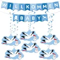 Produktbild: BRUBAKER Willkommen Baby Girlande für Jungen - Wimpelkette mit Storch Anhängern und Deko Wirbel Spiralen - Willkommensdeko Set für Zuhause, Babyparty und Babyzimmer Dekoration - Hellblau