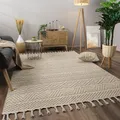 Produktbild: Paco Home Teppich Wohnzimmer Schlafzimmer Kurzflor Skandinavisches Boho Muster Geometrische Optik Einfarbig Fransen Moderne Deko, Grösse:80x150 cm, Farbe:Creme