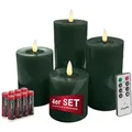 Produktbild: Candela Lights LED Kerzen 4er Set Winter Grün glatt Echtwachs inklusive Fernbedienung und 8 Batterien Timer Funktion & mehrstufig dimmbar flammenlos Echtwachskerzen Stumpenkerzen