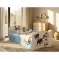 Produktbild: Happy Babies Kinderbett mit Rausfallschutz Junge 140x70 Bett für Kinderzimmer mit Schublade Matratze Einzelbett für Kinder Blau Hundemotiv - Blau