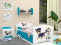 Produktbild: Happy Babies Kinderbett mit Rausfallschutz Junge 140x70 Bett für Kinderzimmer mit Schublade Matratze Einzelbett für Kinder Blau Hundemotiv