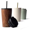 Produktbild: MAMEIDO Thermobecher mit Strohhalm 470 ml, Trinkbecher mit Deckel und Strohhalm aus Edelstahl doppelwandig isoliert, auslaufsicher, Coffee to go Becher (Oak Wood)
