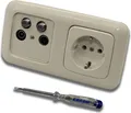 Produktbild: Busch Jäger SET: Unterputz 4-Loch Dose 40-2400 MHz, Enddose Stichdose, Radio/TV/SAT1 & SAT2. Inkl. DURO2000 cremeweiß 2fach Rahmen, Steckdose 20 EUC-212 + EBROM Phasenprüfer zur Montage der Geräte