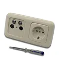 Produktbild: Busch Jäger SET: Unterputz 4-Loch Dose 40-2400 MHz, Enddose Stichdose, Radio/TV/SAT1 & SAT2. Inkl. DURO2000 cremeweiß 2fach Rahmen, Steckdose 20 EUC-212 + EBROM Phasenprüfer zur Montage der Geräte