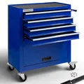 Produktbild: Arebos Werkstattwagen 4 Fächer + großes Fach für Werkzeug Kratzfeste Oberfläche | inkl. Antirutschmatten | kugelgelagerte Schubladen Interlock-System | 2 Rollen mit Feststellbremse | Blau