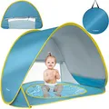 Produktbild: TRIZAND Strandmuschel Pop Up - Blau Sonnenschutz Strand mit Pool - UV Strandmuschel Baby - Babypool mit Sonnenschutz - Baby Planschbecken mit Dach - UV Zelt Baby - Wurfzelt Strand - UV-Schutz 21204