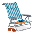 Produktbild: Relaxdays Liegestuhl klappbar, 8-stufig verstellbar, Strandstuhl mit Nackenkissen, Armlehnen & Flaschenöffner, blau/weiß