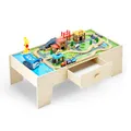 Produktbild: VEVOR Holz Aktivitätstisch, 62-teilig, Kindertisch mit großer Schublade, 3-in-1-Eisenbahnset zum Spielen, Malen, Lesen, Essen, kreatives Spielzeugset für Kinder ab 3 Jahren