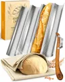 Produktbild: KRUSTENZAUBER Baguette Backform Antihaft inkl. Bäckerleinen u. Bäckermesser - 4er Baguette-Backblech - Ideal als Baguetteblech, Brotbackform, Baguetteform, Baguette Blech, Brot Backen Zubehör