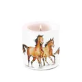 Produktbild: Ambiente Stumpenkerze Paraffin 7,5x9cm mit Pferde Motiv - 35h Brenndauer & duftneutral - Tischkerze Blockkerze Zylinderkerze - Kerzendeko Landhaus Sommer Party - Dekokerze Tiere Weiß Braun