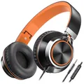 Produktbild: AILIHEN C8 Kopfhörer mit Kabel und Mikrofon, faltbar und verstellbar, On-Ear-Headsets, Lautstärkeregelung, HD-Stereo-Sound, 3,5-mm-Klinkenstecker für Chromebook, Laptop, Smartphone（Schwarz Orange）