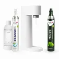 Produktbild: Sparpaket: Mysoda Woody - Wassersprudler aus erneuerbarem Holzkomposit mit 1L BPA-freier Plastikflasche, CO2-Zylinder Classic + CO2-Zylinder Minze (Weiß)