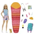 Produktbild: Barbie Camping Serie, 1x Puppe mit blonden Haaren, Wanderrucksack, Outdoor-Ausrüstung, Fernglas, Landkarte, Welpe, Zubehör, Geschenk für Kinder, Spielzeug ab 3 Jahre,HDF73