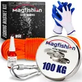 Produktbild: Magfishion - Magnetfischen Set – 100 kg - Ø50mm - Neodym Magnet - Perfekt zum Magnet Fischen - Mit Dunkelorange Seil (20M) & Handschuhe – Ösenmagnet