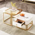 Produktbild: MERAX Couchtisch Set Marmoroptik mit Schublade Beistelltisch hochglanz, Satztisch mit Glasplatte, Wohnzimmertisch, Gold
