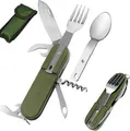 Produktbild: 7 in 1 Campingbesteck klappbar - Reise Besteck - Klappbesteck für Unterwegs - Outdoor Besteckset mit Gürteltasche - Camping Essbesteck in Army Grün - Survival Essbesteck