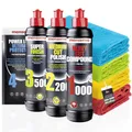 Produktbild: Menzerna Auto Polituren Set: Menzerna Heavy Cut Compound 1000 + Medium Cut Compound 2200 + Super Finish 3500 + Power Lock Ultra Protection Sachet + 4x Mikrofasertuch 40x40cm