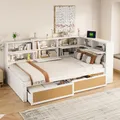Produktbild: Schlafsofa aus Massivholz 90*200 mit Schublade Multifunktionales Einzelbett Kinderbett mit vielen Staufächern und Ladeanschluss Weiß