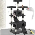 Produktbild: tectake® Katzen Kratzbaum groß, für Katzen und Kitten, mit 2X Katzenhaus, 4X Katzenspielzeug Spielmaus und 2X Katzenleiter zum Klettern, Kratzsäule Sisalseil, Kippschutz mit Wandmontage - schwarz