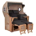Produktbild: MR. DEKO® Strandkorb Düne Teak 2-Sitzer Bullauge | PE Geflecht Shell | Volllieger Strandstuhl verstellbar | inkl. 4 Kissen Wechselpolster | Strandkörbe fertig montiert aus Teakholz | (Dessin 548)