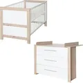 Produktbild: roba Babymöbel Set 2-teilig Malo - Kinderbett 70 x 140 cm umbaubar + Wickelkommode mit 3 Schubladen - Griffe aus Metal - Weiß / Artisan Eiche - Weiß