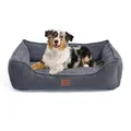 Produktbild: Orthopädisches Premium Hundebett aus Cord für kleine und mittelgroße Hunde, extra Halteschlaufe, Wasserdichter Innenbezug, Hundesofa, Hundekissen, Bezug abnehmbar, waschbar, 80 x 60 x 17 cm, Grau (M)