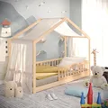 Produktbild: CADANI Malte Hausbett 90x200 cm Bodenbett, Rausfallschutz abnehmbar, bis 200 kg belastbar, Montessori Kinderbett natur, Kiefer Massivholz
