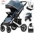 Produktbild: Daliya® Rapidy Buggy / Kinderwagen 0-36 Monate / Sportwagen mit Liegeposition / Wickeltasche, Winterfußsack, Ess- & Spieltisch und mehr Linen Blau – Silber