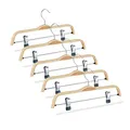 Produktbild: Relaxdays Hosenbügel Holz 5er Set, verstellbare & gummierte Clips, 360° drehbarer Haken, Kleiderbügel, 37cm breit, Natur